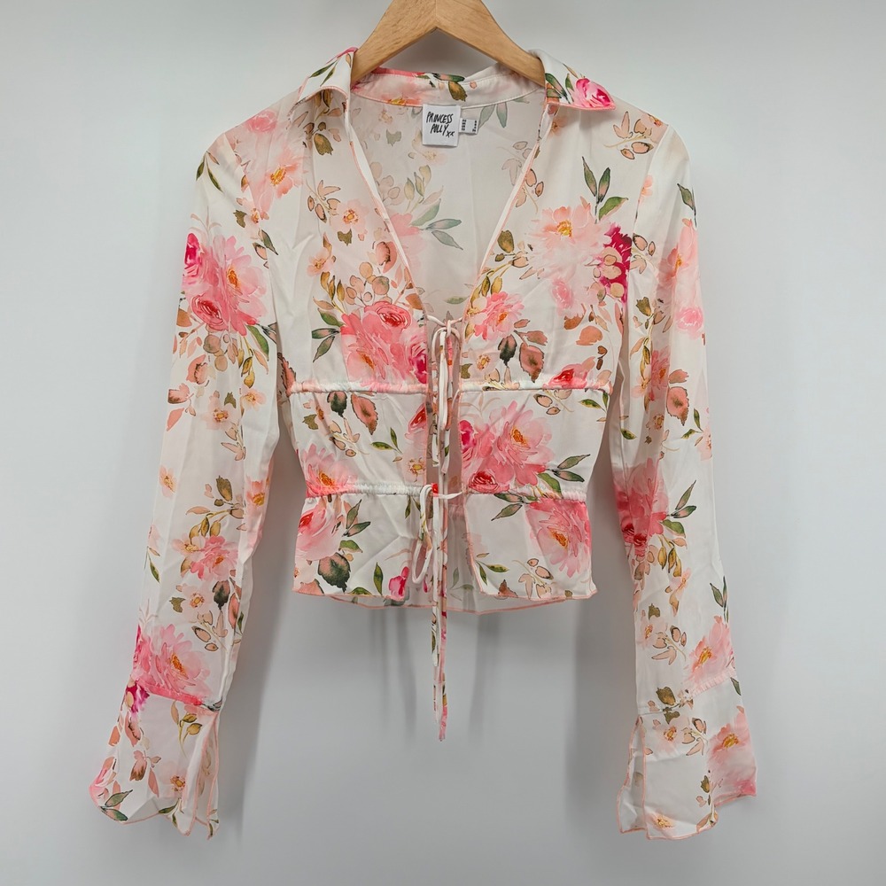 Princess Polly Floral Tie Front Blouse Pink Rose Long Sleeve Crop Top Womens 4